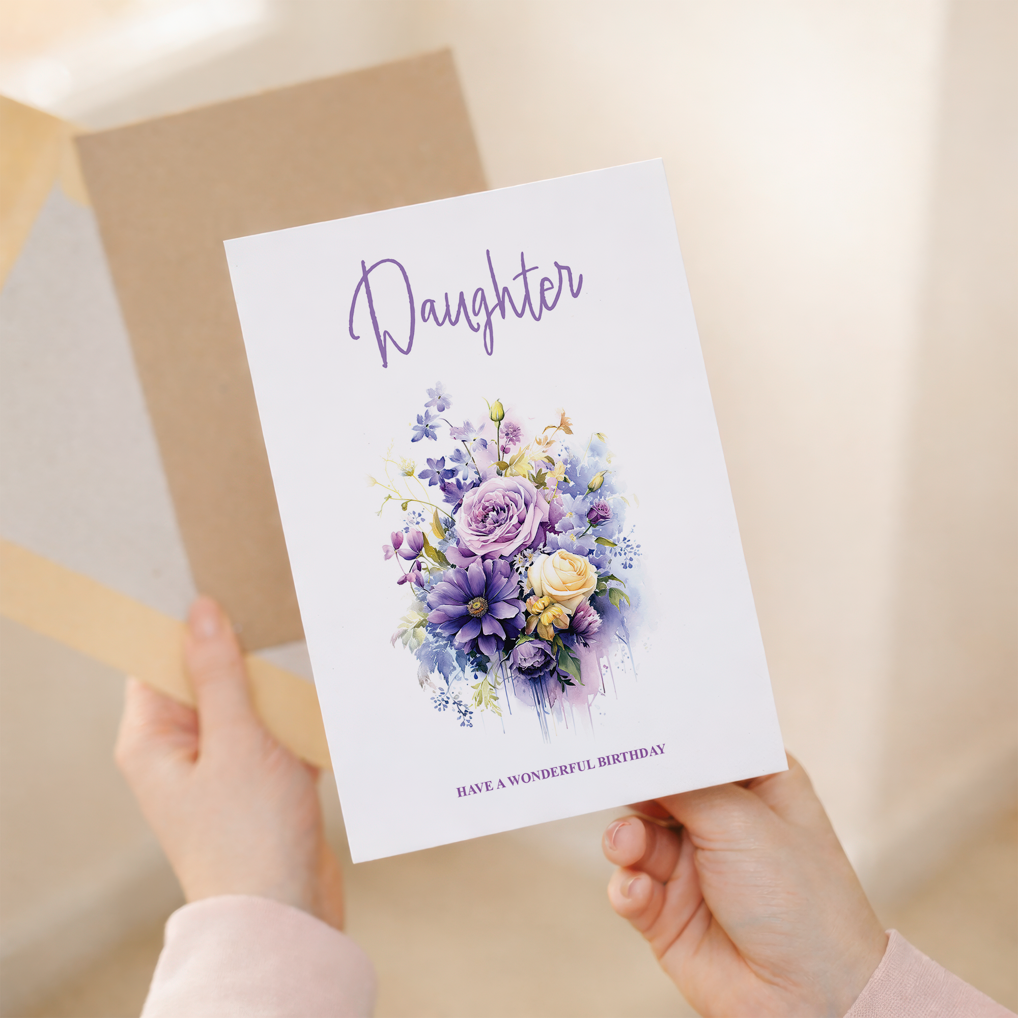 A vibrant floral birthday card for a daughter featuring a mix of purple, pink, and white flowers with a central circular border enclosing the message Happy Birthday Daughter.