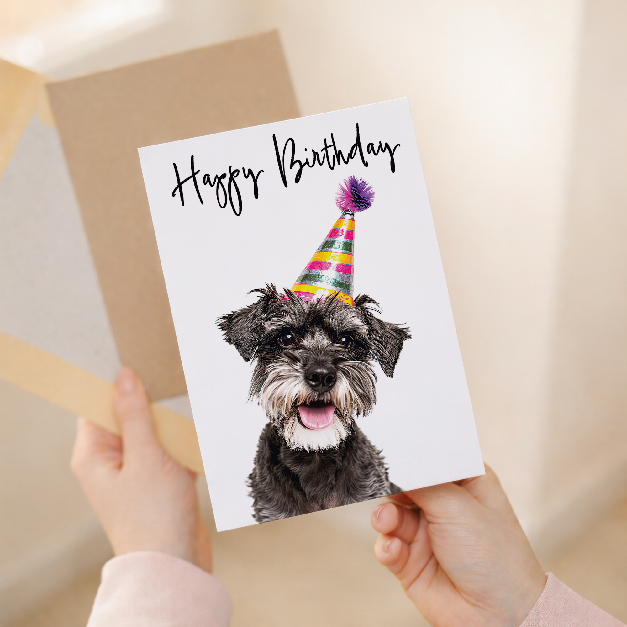 Cheerful Schnauzer Dog Greeting Card with Modern Realistic Illustration and Eco-Friendly Material