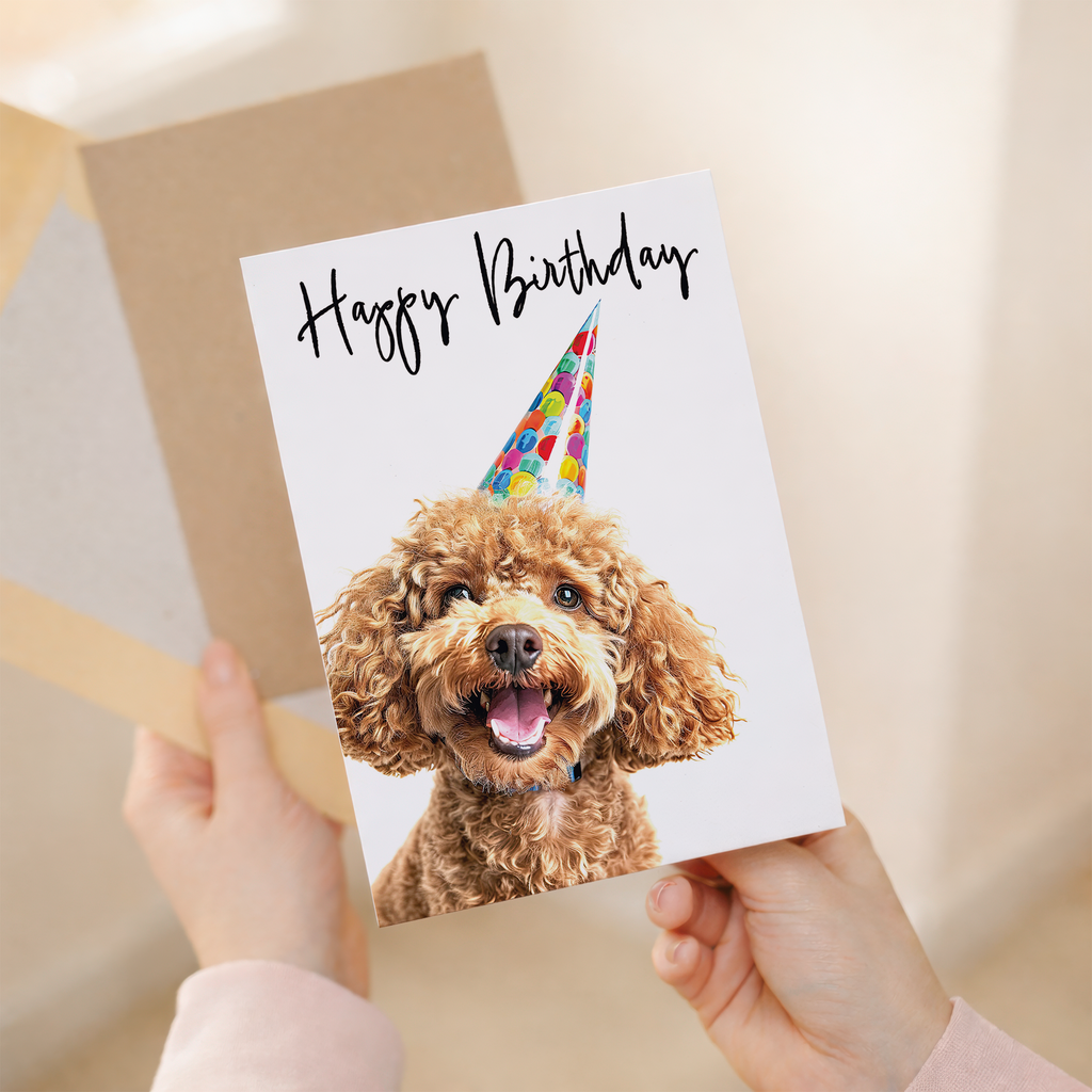 Cheerful Poodle Dog Birthday Card with Yellow Background, Eco-Friendly Material, For Him or Her
