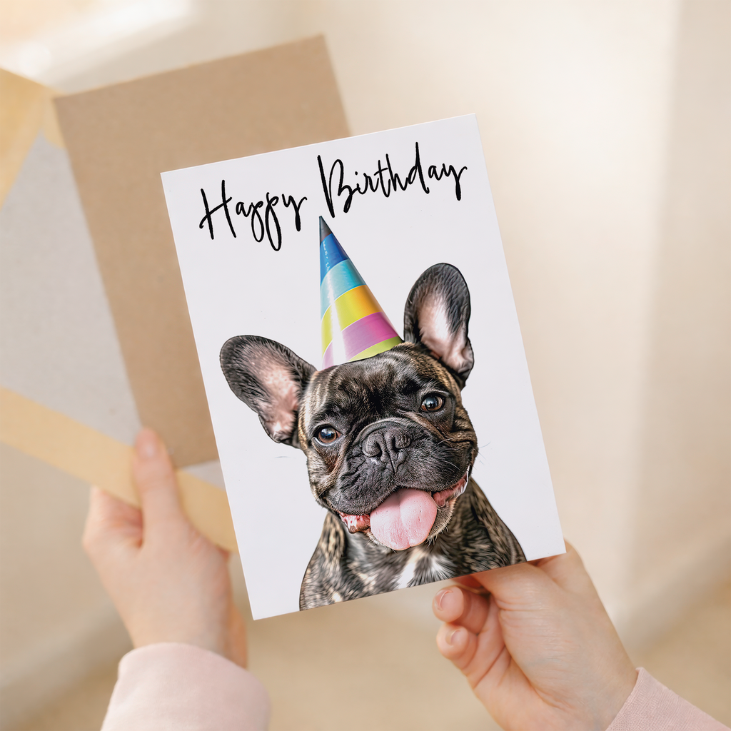 Adorable French Bulldog Birthday Card with Colorful Balloons, Eco-Friendly Material, For Him or Her