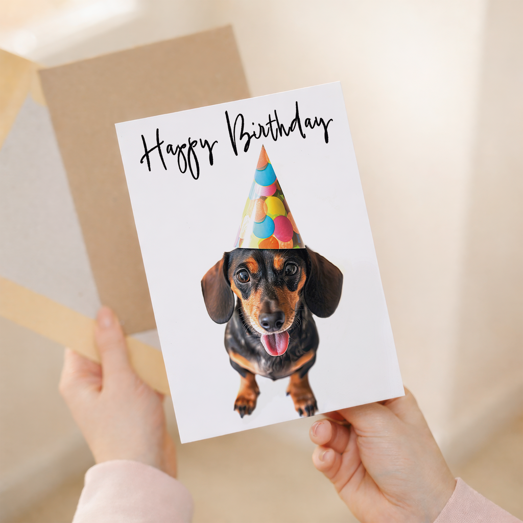 Dachshund Birthday Card with Colorful Balloons, Eco-Friendly Material, For Him or Her
