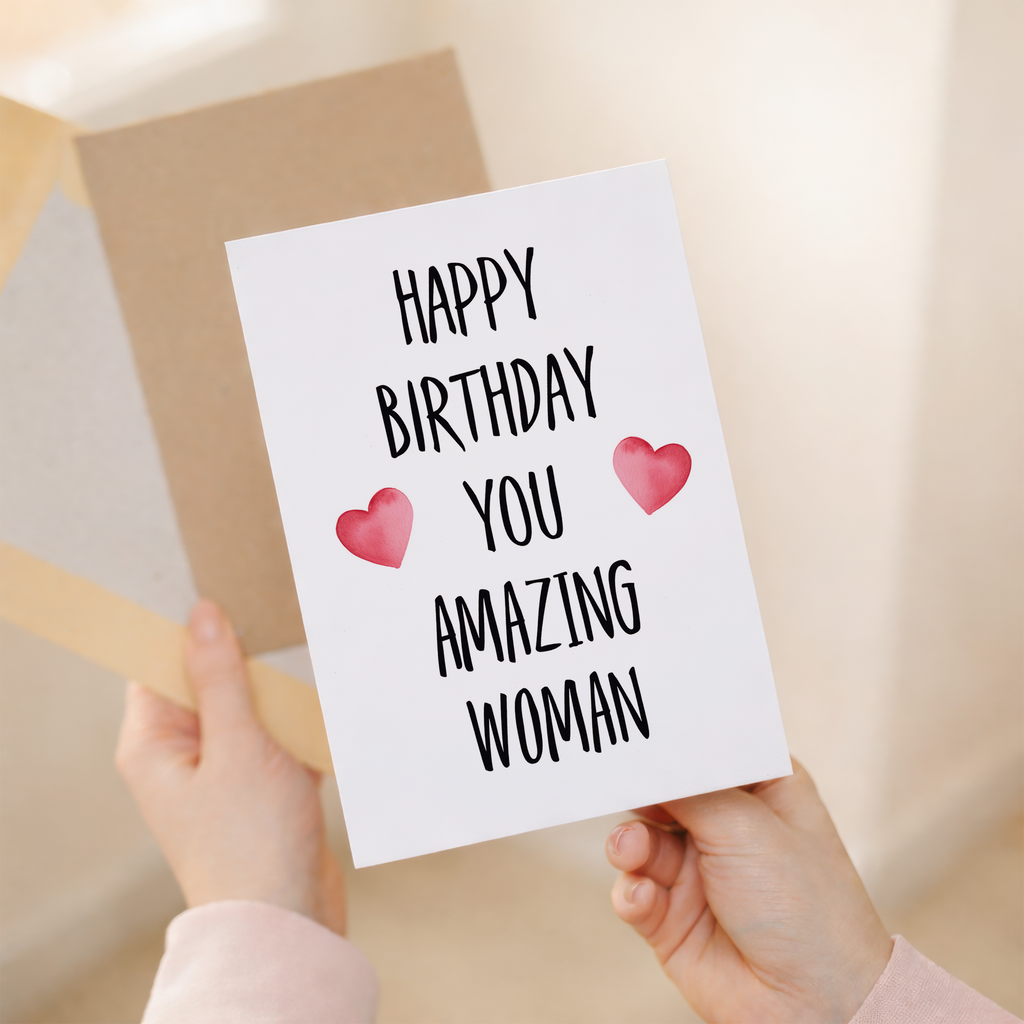 Charming birthday greeting card featuring the text You Wonderful Woman in a decorative script on sustainable recycled cardstock, paired with a brown Kraft envelope.