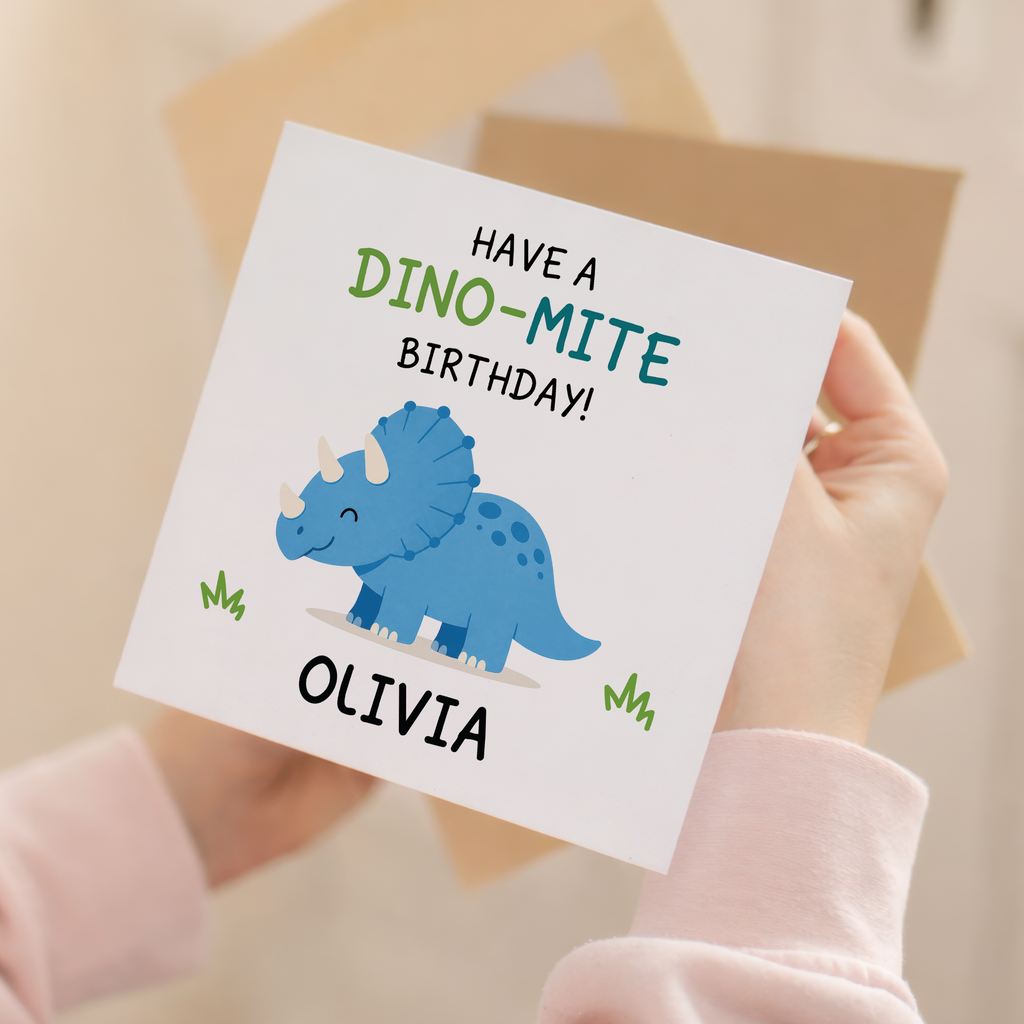 Close up product image of personalised dino-mite dinosaur birthday card
