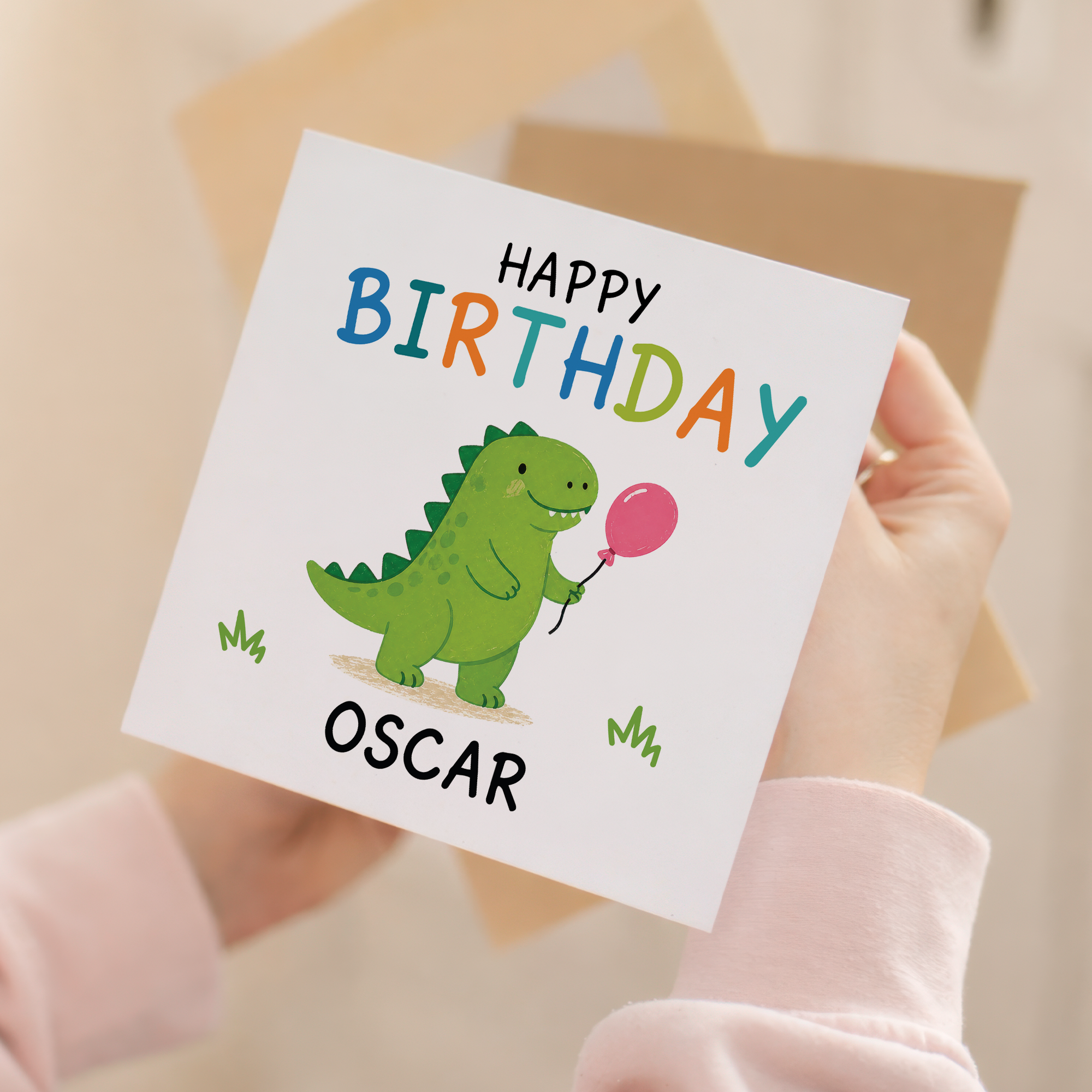 Close up product image of personalised dinosaur happy birthday card