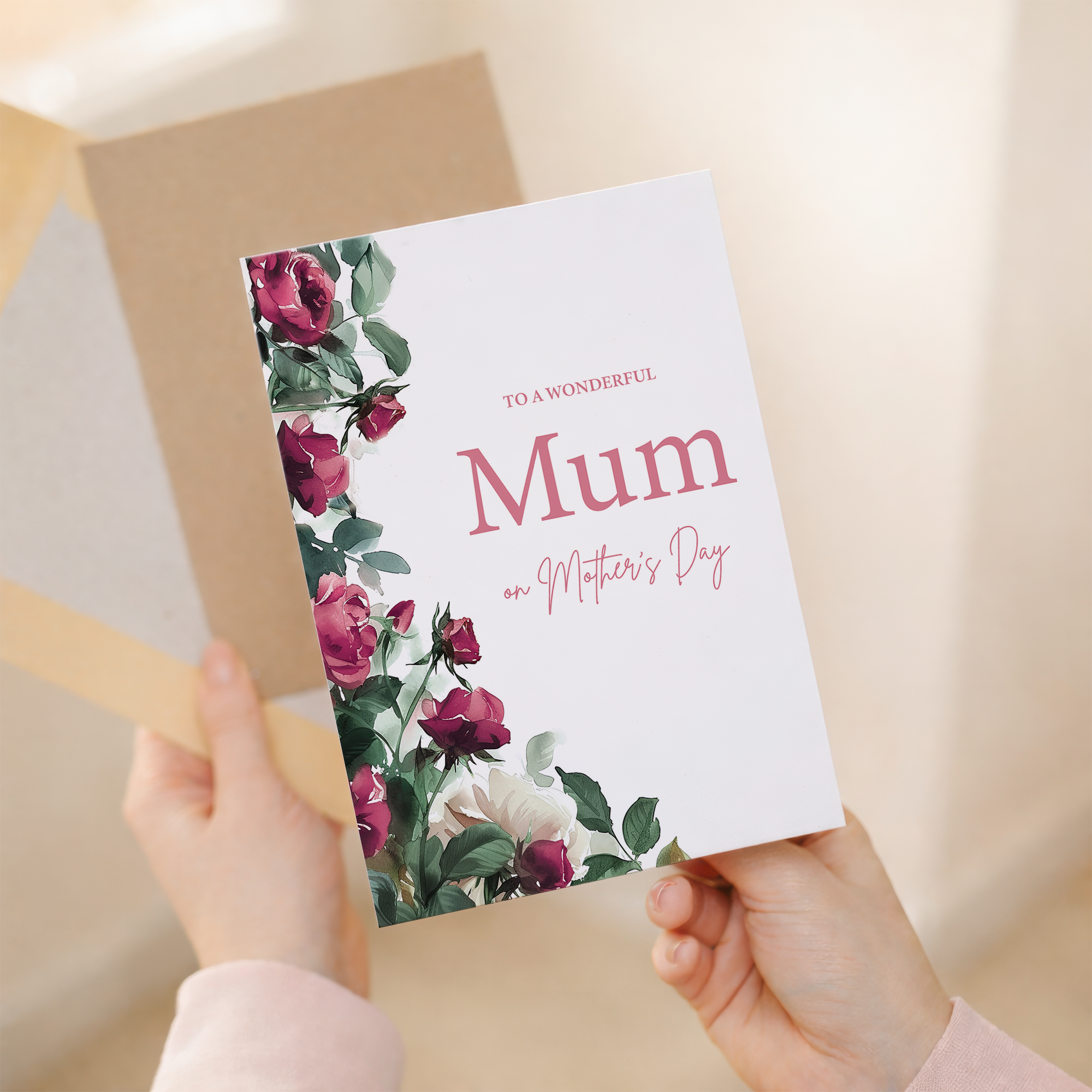 Mother's Day greeting card featuring red roses and floral patterns with a thoughtful message for a wonderful mum.