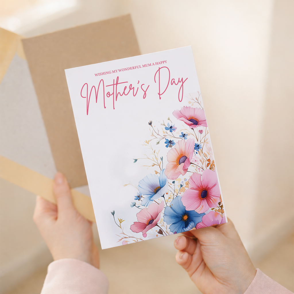 Mother's Day greeting card featuring a vibrant floral design with pink and blue flowers, ideal for Mothering Sunday.