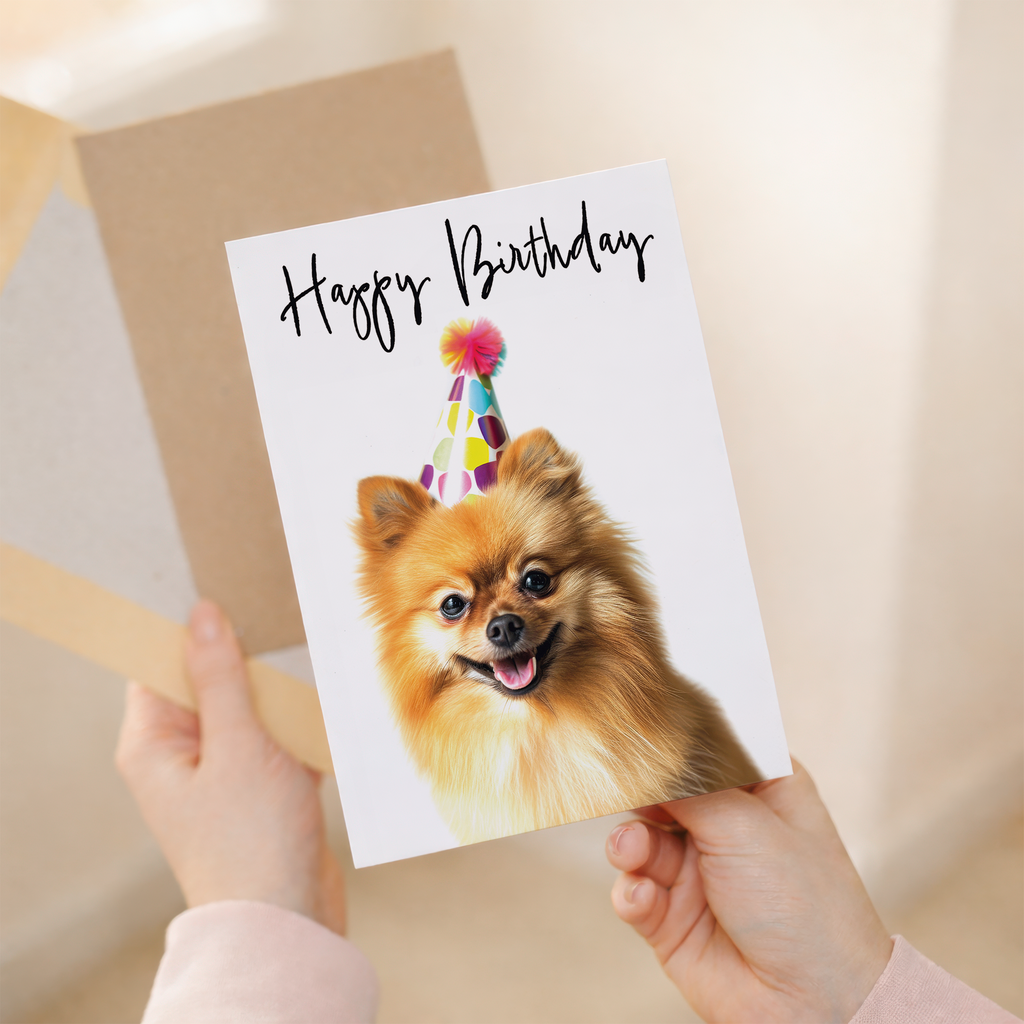Adorable Pomeranian Dog Birthday Card with Colorful Balloons, Eco-Friendly Material, For Him or Her