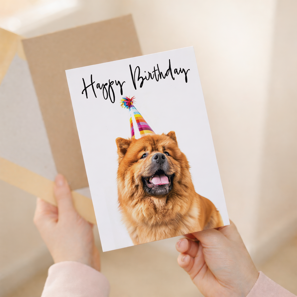 Adorable Chow Chow Dog Birthday Card with Colorful Balloons, Eco-Friendly Material, For Him or Her