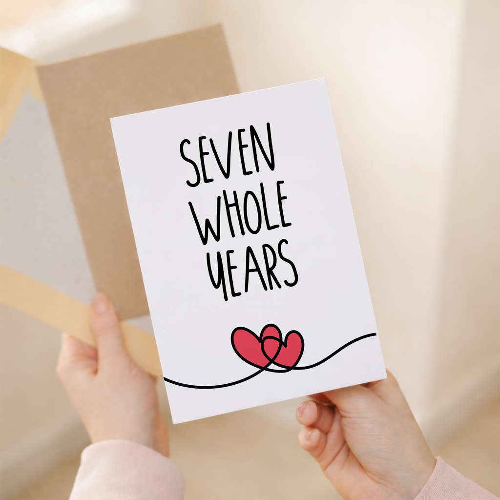 Elegant 7th Anniversary greeting card for husband, wife, boyfriend, or girlfriend, crafted on sustainable recycled cardstock and paired with a brown Kraft envelope.