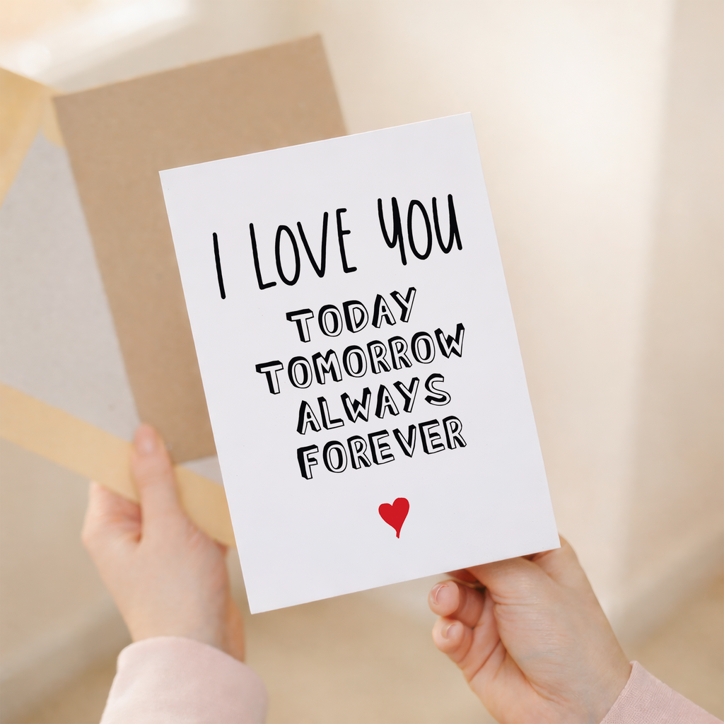Elegant anniversary greeting card featuring a modern minimalist design with black, red, and white accents on sustainable recycled cardstock, paired with a brown Kraft envelope.