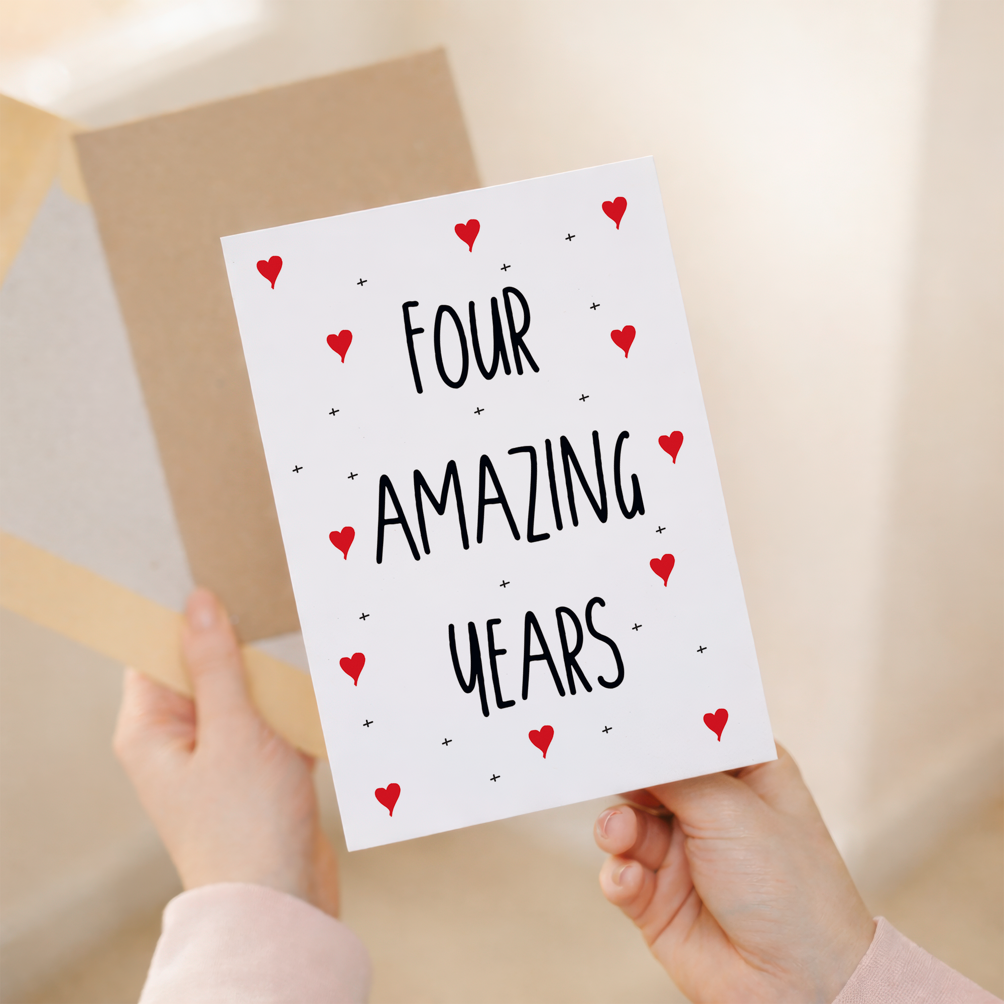 Heartfelt 3rd Anniversary greeting card for a spouse or partner, printed on eco-friendly recycled cardstock and accompanied by a rustic brown Kraft envelope.