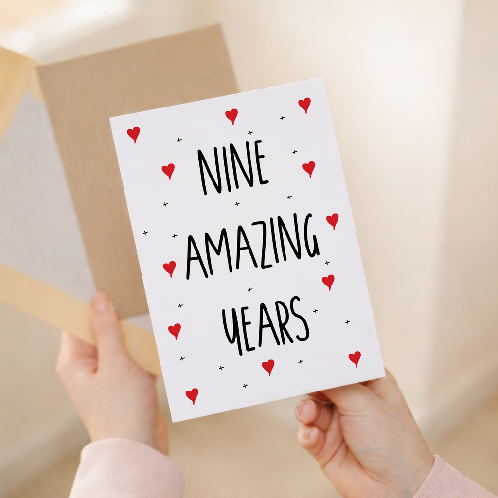 Elegant 9th Anniversary greeting card featuring a romantic design on sustainable recycled cardstock, paired with a brown Kraft envelope.