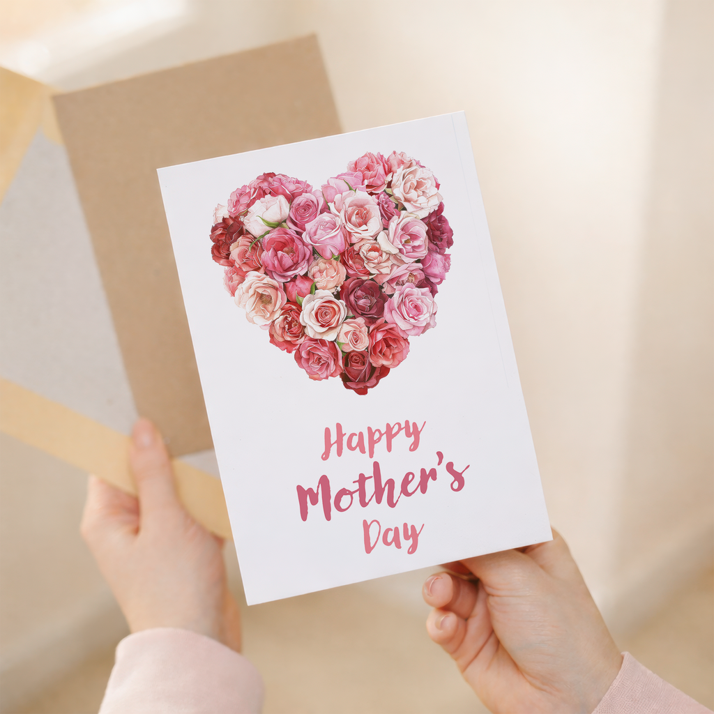 Mother's Day greeting card featuring a large heart composed of red and pink roses on a white background.