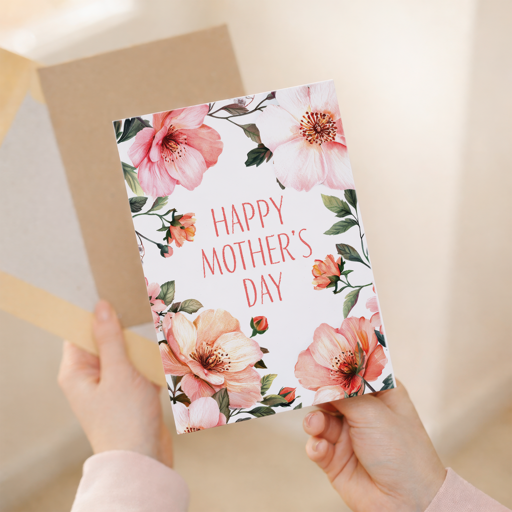 A vibrant floral Mother's Day greeting card featuring a colorful array of painted flowers and the words Happy Mother's Day written in elegant script.