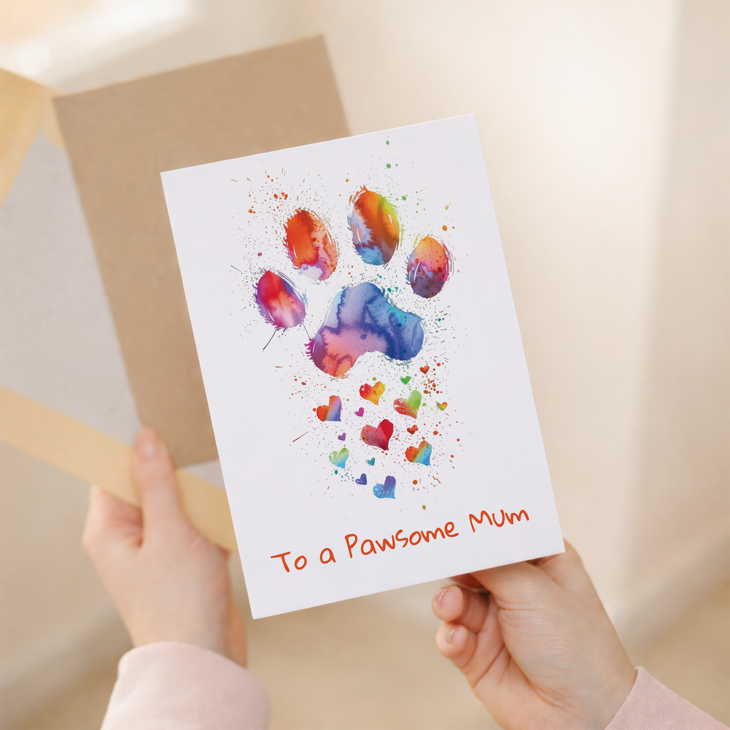 Illustration of a cute dog wearing a colorful rainbow party hat with confetti, titled "Mothers Day Card From The Dog."