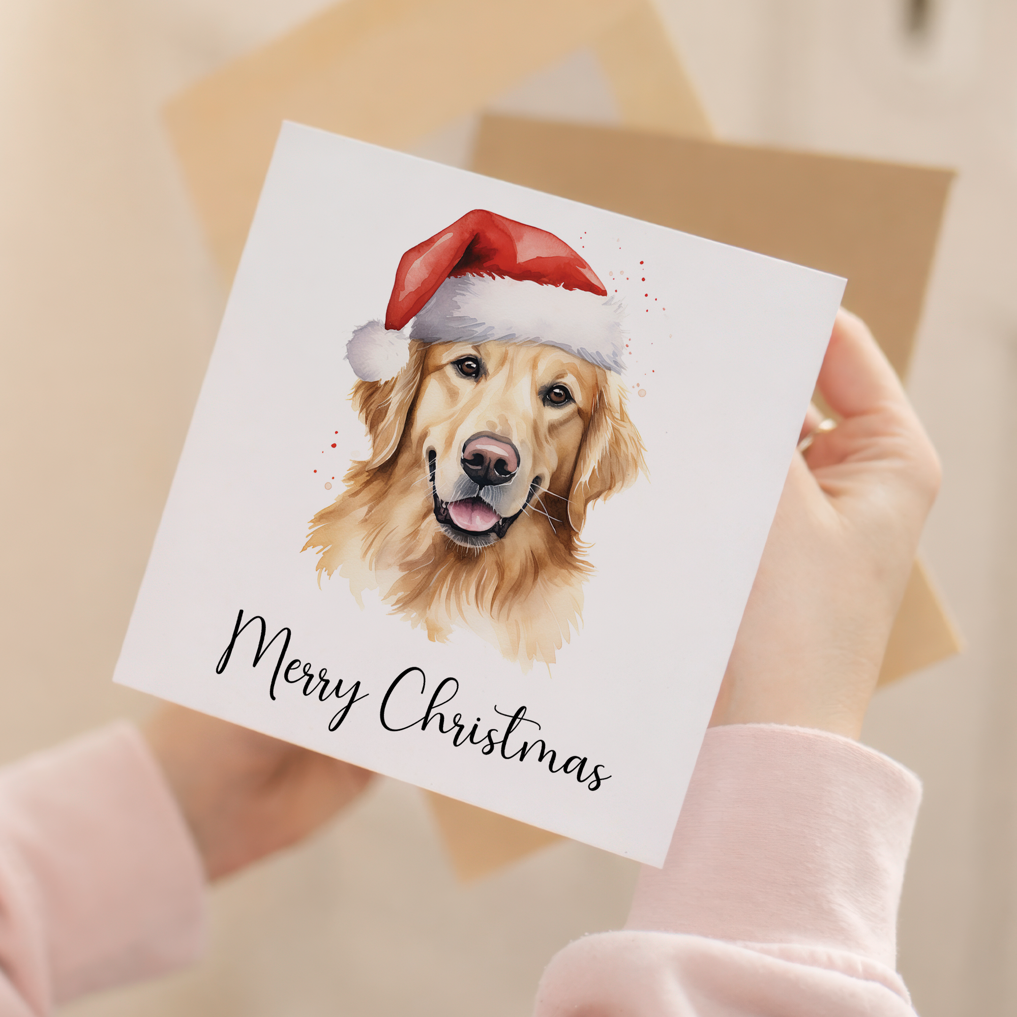 Fun Christmas Card of a Golden Retriever Dog Wearing A Santa Hat Whimsical Watercolour Christmas Card For Animal Lover For Him or Her