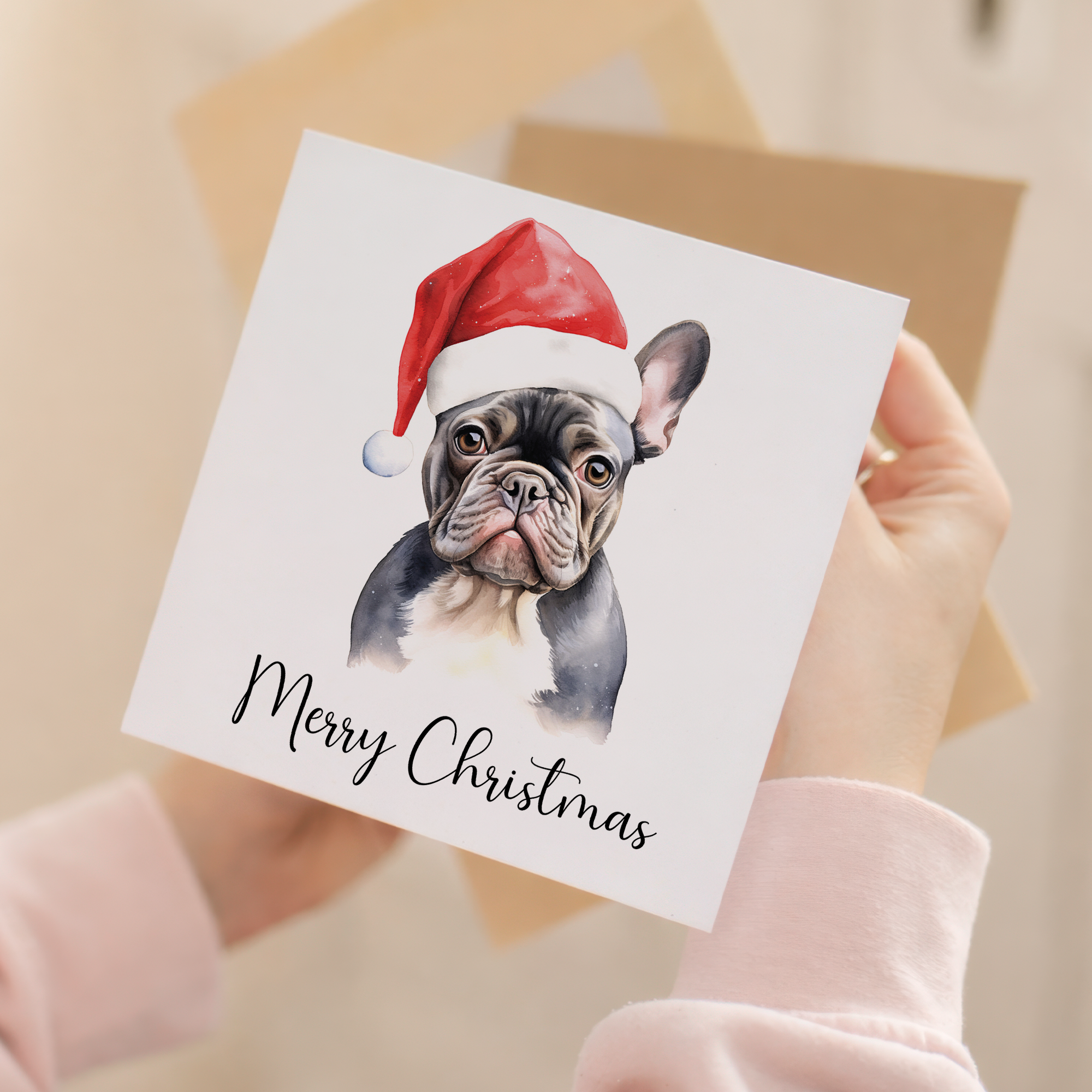 Fun Christmas Card of a French Bulldog Wearing A Santa Hat Whimsical Watercolour Christmas Card For Animal Lover For Him or Her