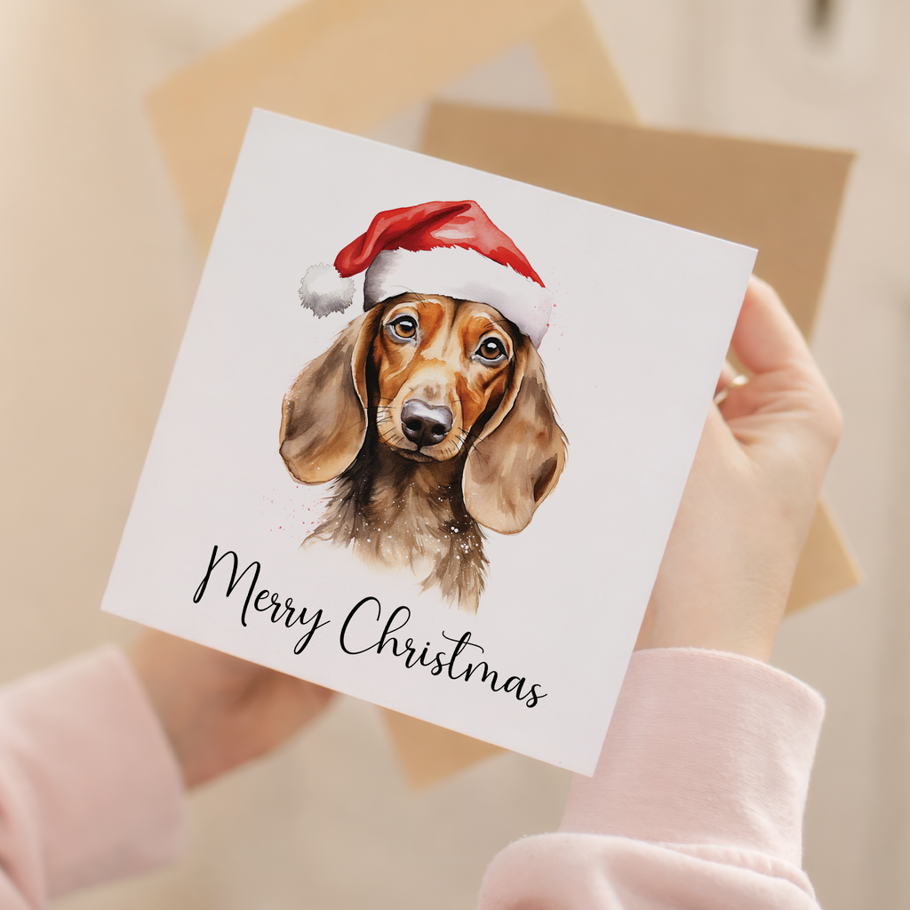 Fun Christmas Card of a Dachshind Dog Wearing A Santa Hat Whimsical Watercolour Christmas Card For Animal Lover For Him or Her