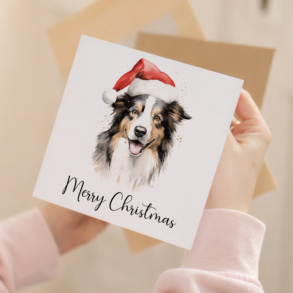 Fun Christmas Card of a Collie Dog Wearing A Santa Hat Whimsical Watercolour Christmas Card For Animal Lover For Him or Her