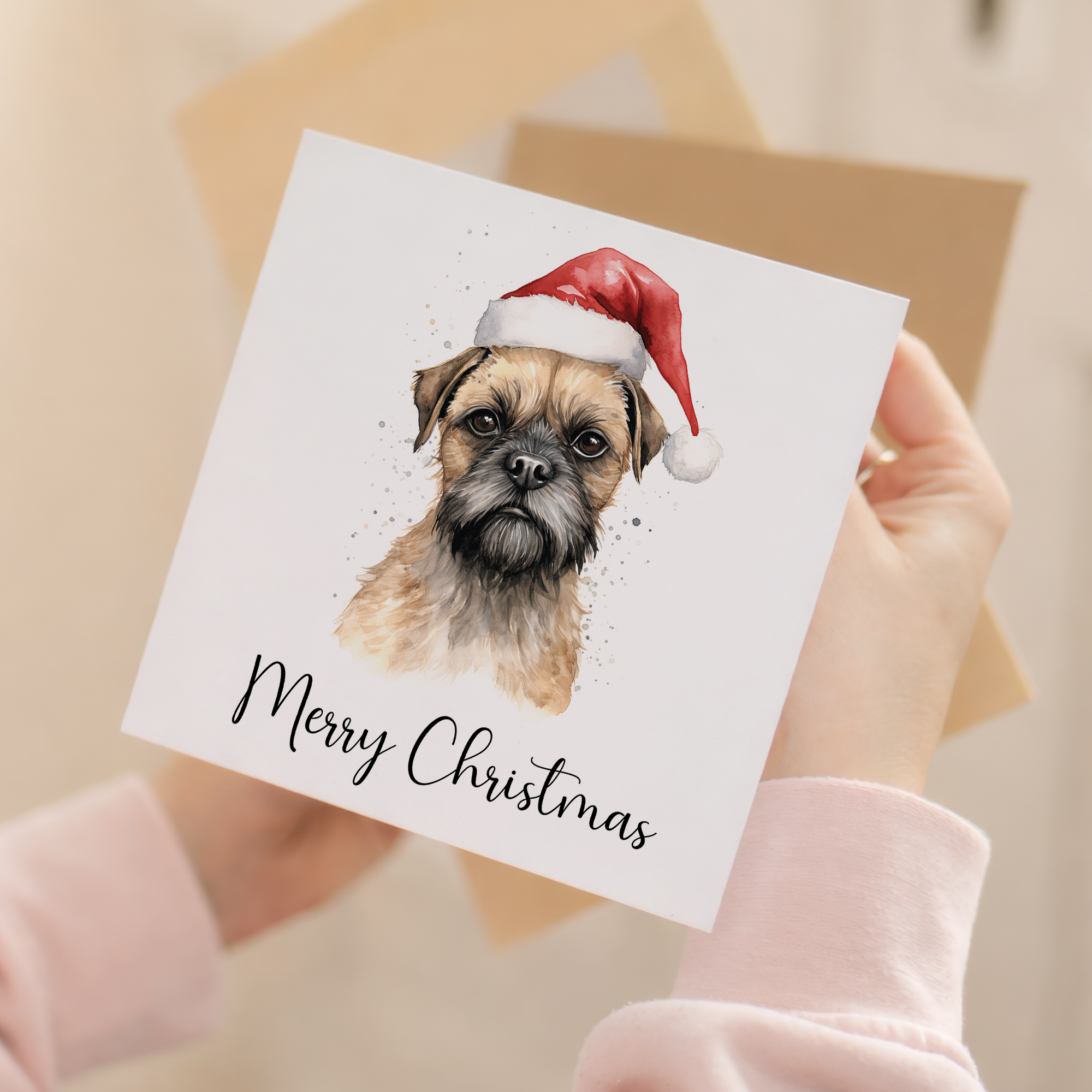 Fun Christmas Card of a Border Terrier Dog Wearing A Santa Hat Whimsical Watercolour Christmas Card For Animal Lover For Him or Her