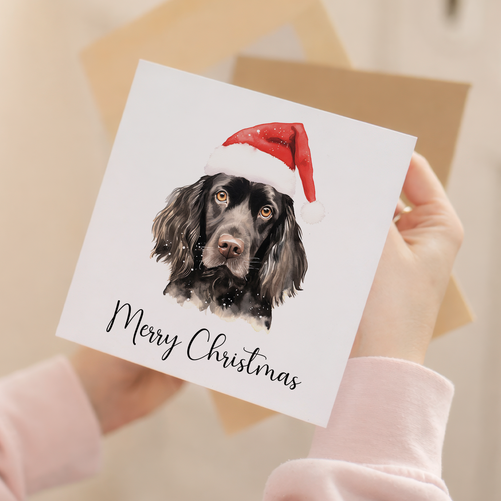 Fun Christmas Card of a Black Cocker Spaniel Dog Wearing A Santa Hat Whimsical Watercolour Christmas Card For Animal Lover For Him or Her