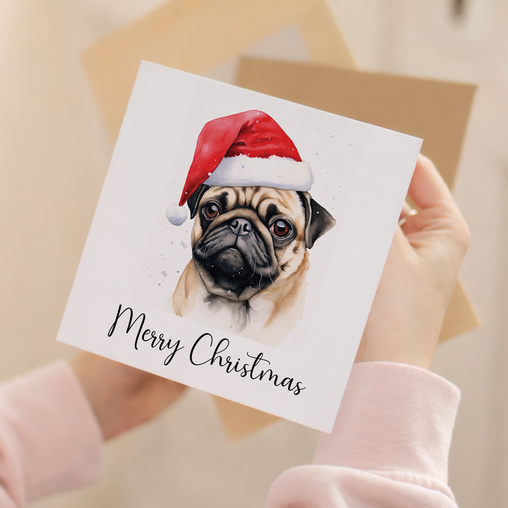 Fun Christmas Card of a Pug Dog Wearing A Santa Hat Whimsical Watercolour Christmas Card For Animal Lover For Him or Her