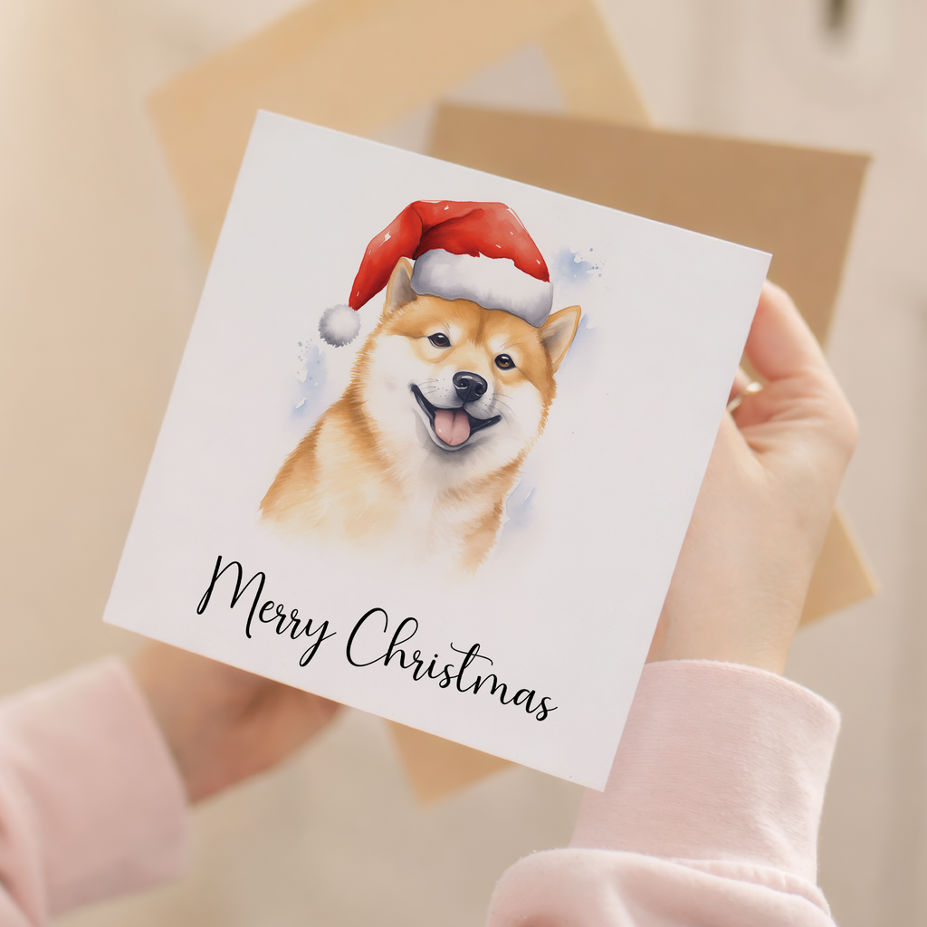 Fun Christmas Card of a Shiba Inu Dog Wearing A Santa Hat Whimsical Watercolour Christmas Card For Animal Lover For Him or Her
