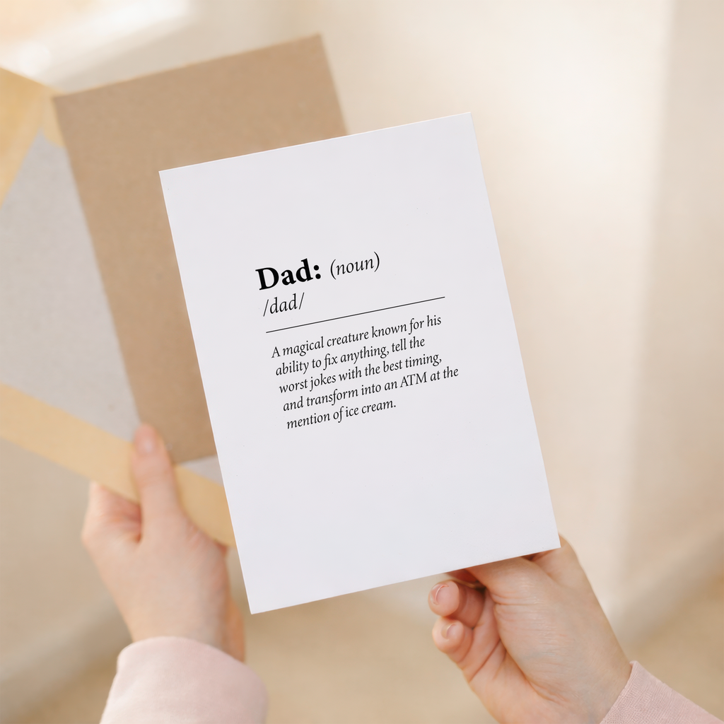 Fun "dictionary quote" birthday card for Dad on eco-friendly cardstock, featuring a humorous definition of "Dad," paired with a brown Kraft envelope.