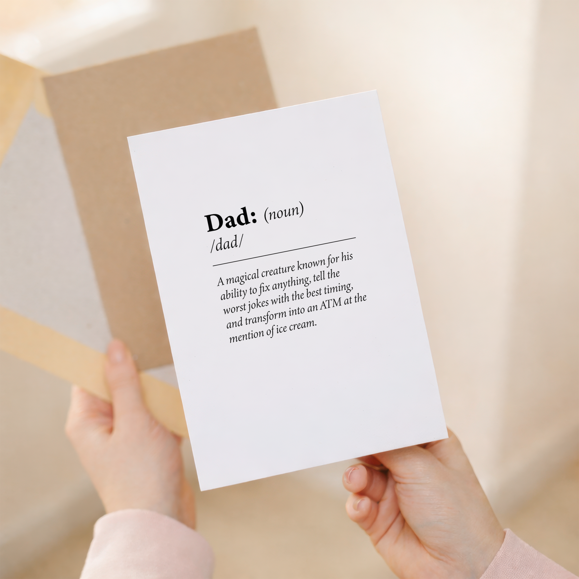 Fun "dictionary quote" birthday card for Dad on eco-friendly cardstock, featuring a humorous definition of "Dad," paired with a brown Kraft envelope.