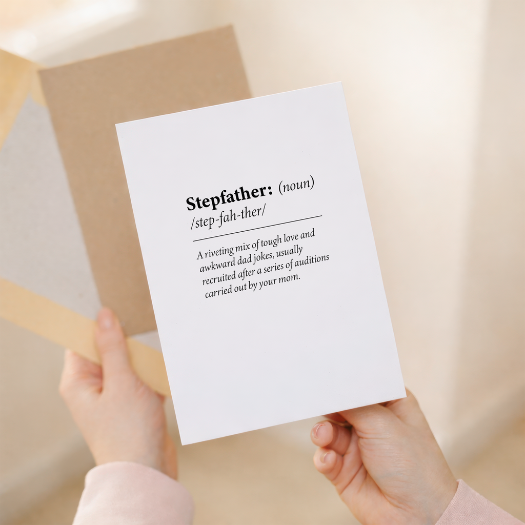 Funny dictionary-style birthday card for a stepdad featuring a humorous definition on sustainable paper, accompanied by a brown Kraft envelope.