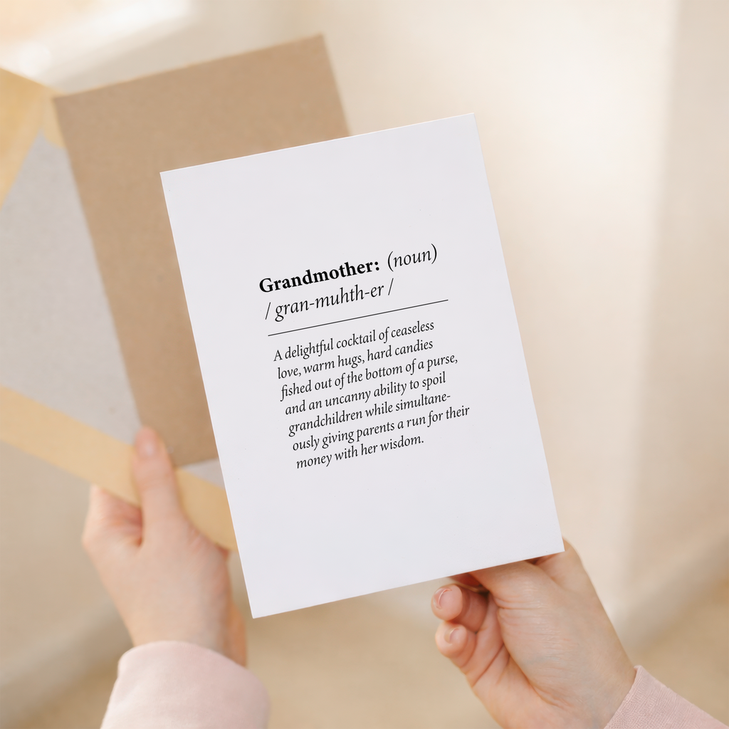 Funny birthday greeting card for a stepmum featuring a dictionary-style definition quote on sustainable recycled cardstock, paired with a brown Kraft envelope.