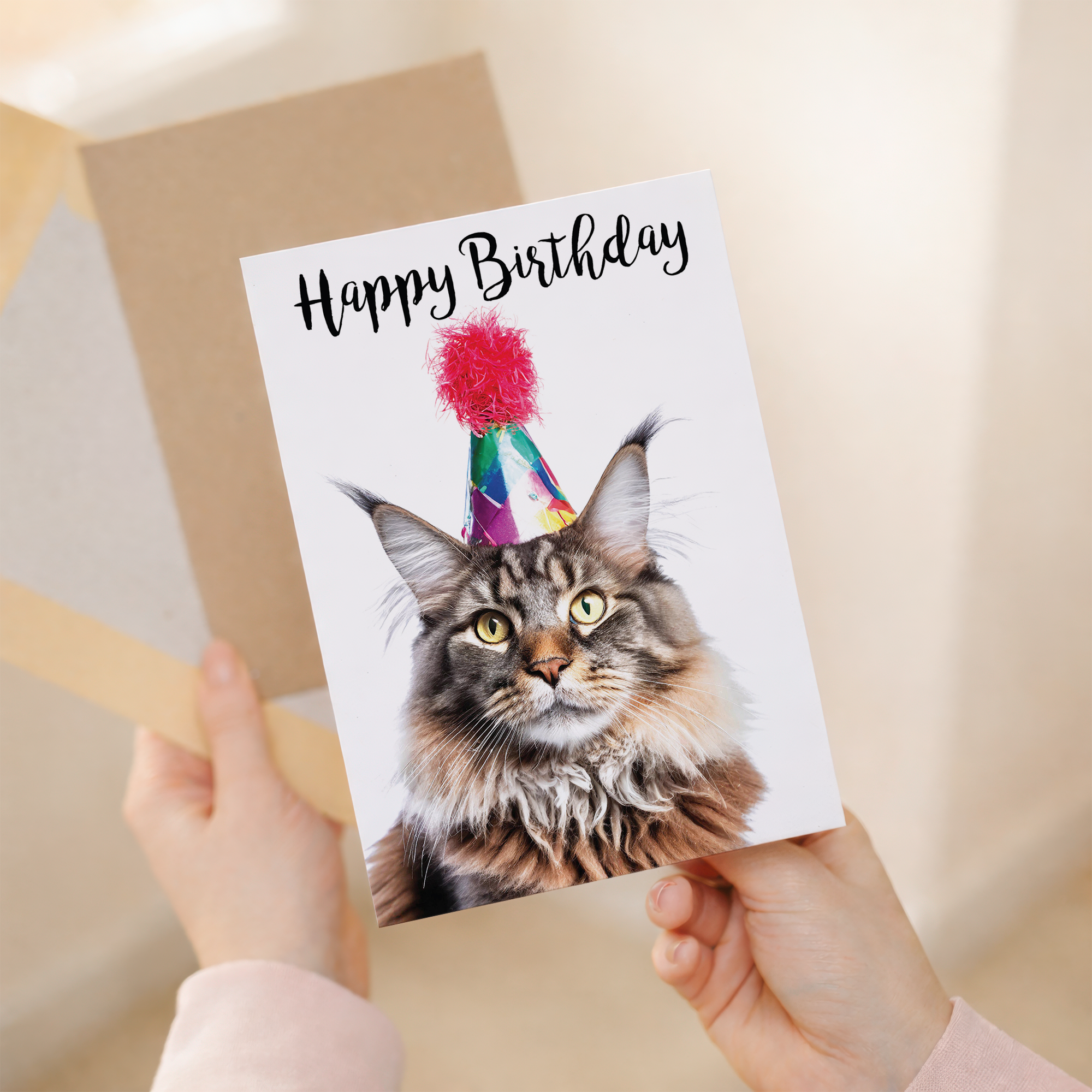 Charming Maine Coon Cat Birthday Card with Eco-Friendly Kraft Envelope, For Him or Her