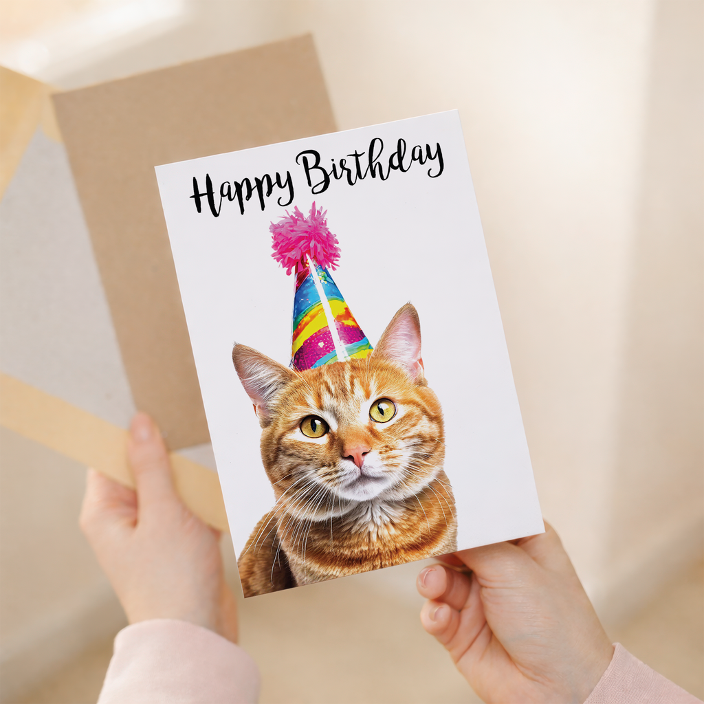 Ginger Cat Birthday Card with Eco-Friendly Kraft Envelope, For Her, Him, Family, and Friends