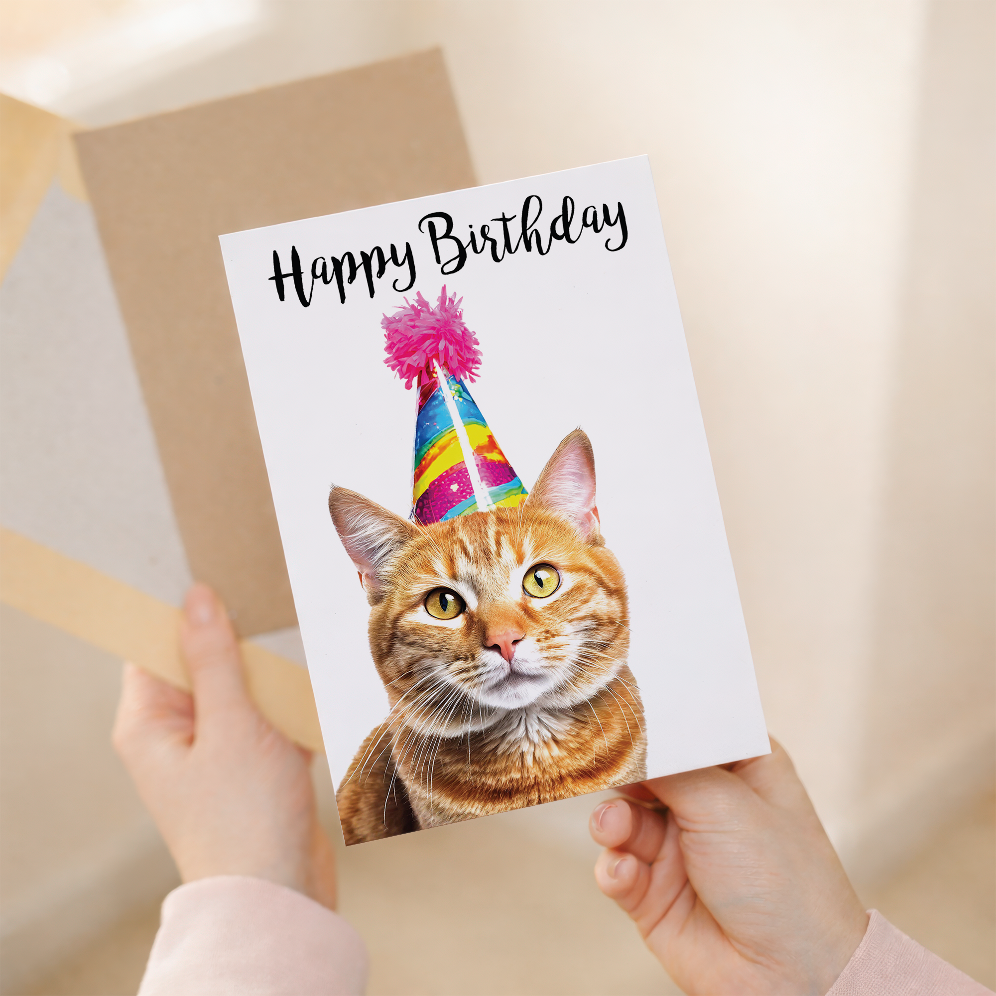 Ginger Cat Birthday Card with Eco-Friendly Kraft Envelope, For Her, Him, Family, and Friends