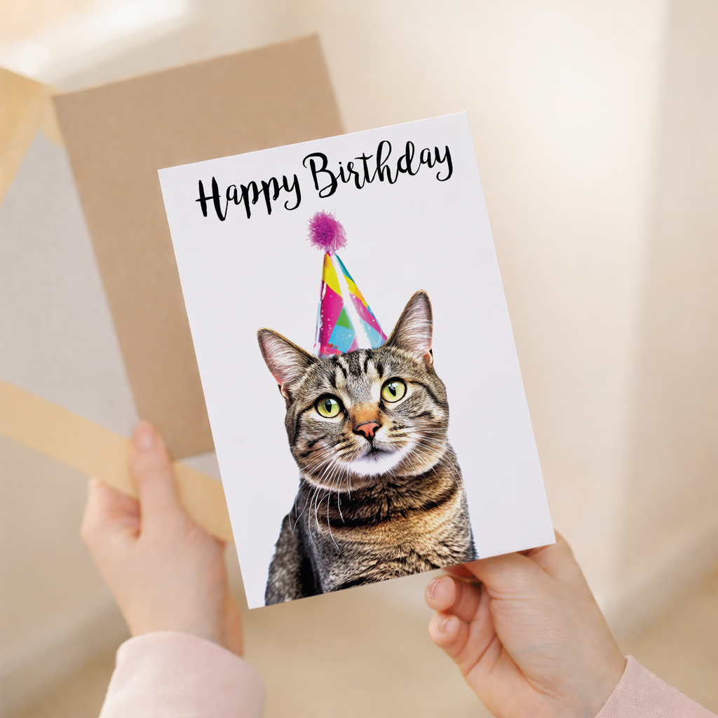 Charming Tabby Cat Illustration Birthday Card, Eco-Friendly Material, For Him or Her