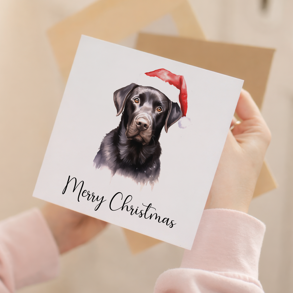 Fun Christmas Card of a Labrador Dog Wearing A Santa Hat Whimsical Watercolour Christmas Card For Animal Lover For Him or Her