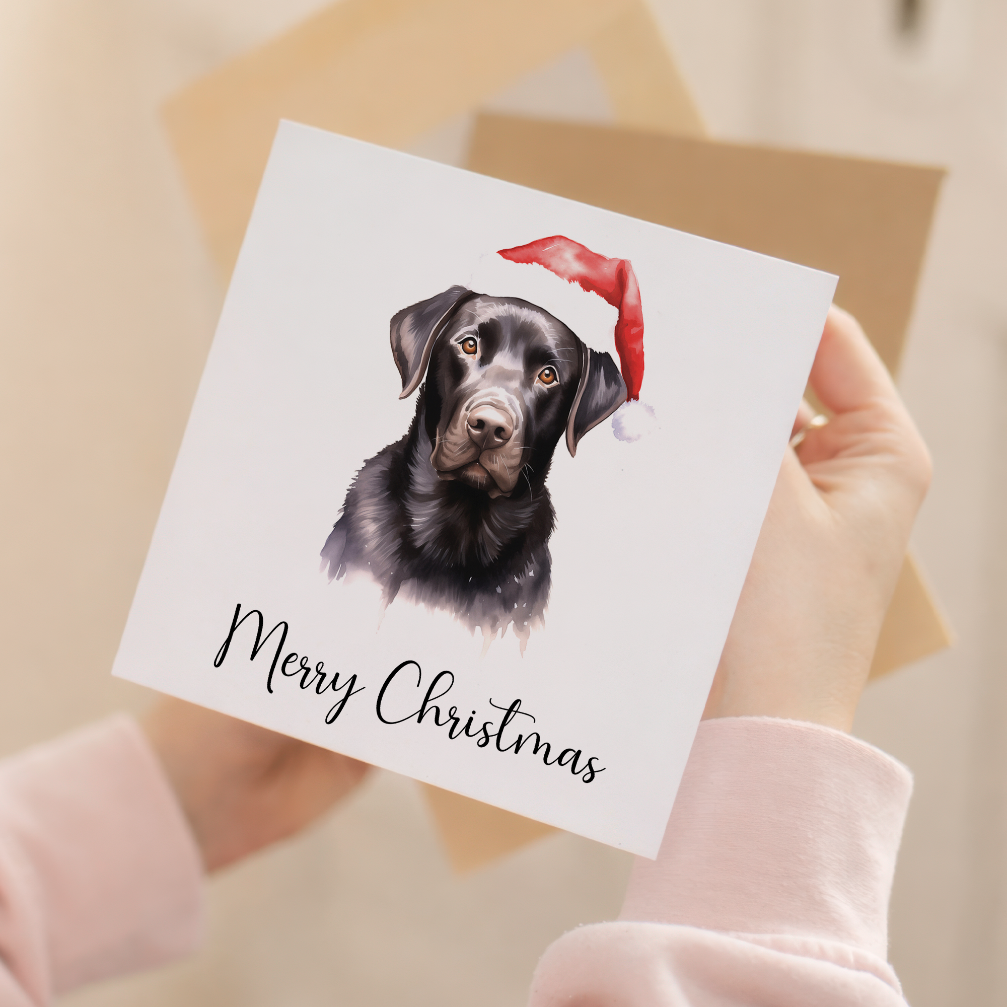Fun Christmas Card of a Labrador Dog Wearing A Santa Hat Whimsical Watercolour Christmas Card For Animal Lover For Him or Her
