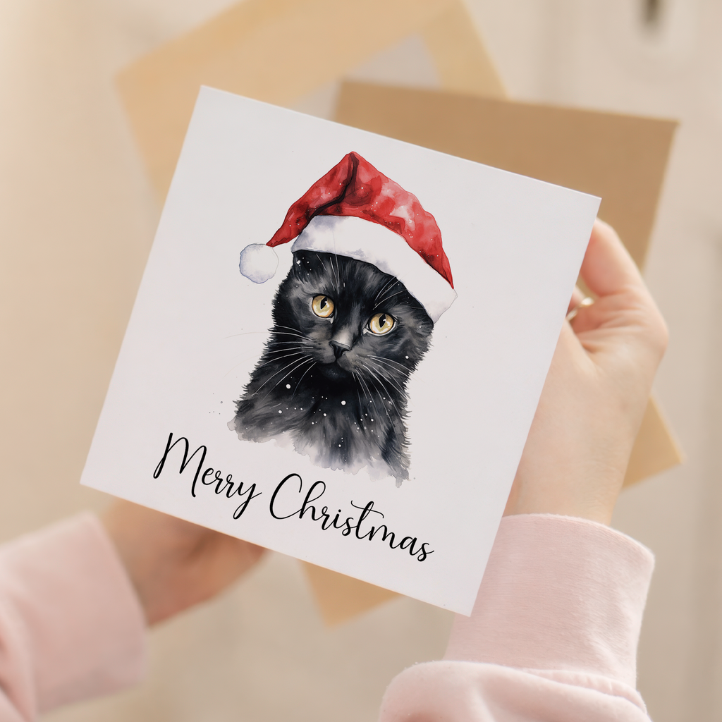 Fun Christmas Card of a Black Cat Wearing A Santa Hat Whimsical Watercolour Christmas Card For Animal Lover For Him or Her
