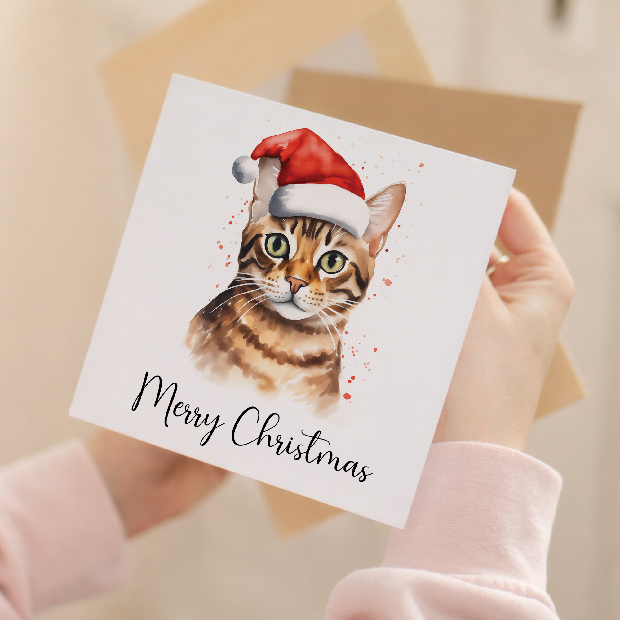 Fun Christmas Card of a Bengal Cat Wearing A Santa Hat Whimsical Watercolour Christmas Card For Animal Lover For Him or Her