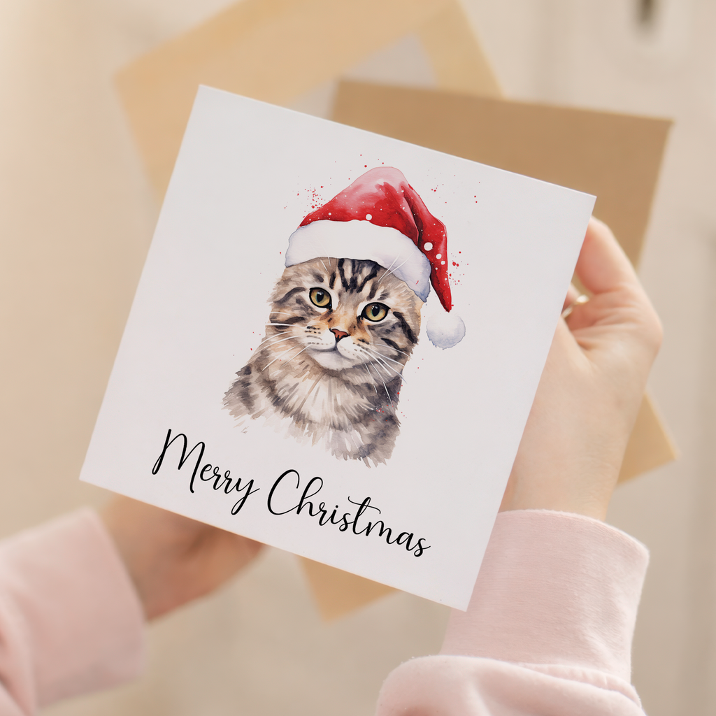 Fun Christmas Card of a Tabby Cat Wearing A Santa Hat Whimsical Watercolour Christmas Card For Animal Lover For Him or Her