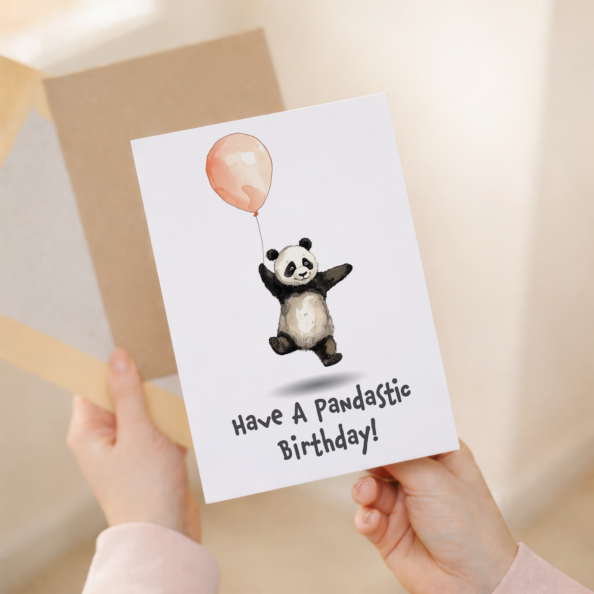A cute panda-themed birthday greeting card for children featuring a happy panda and the words Pandastic Fun.