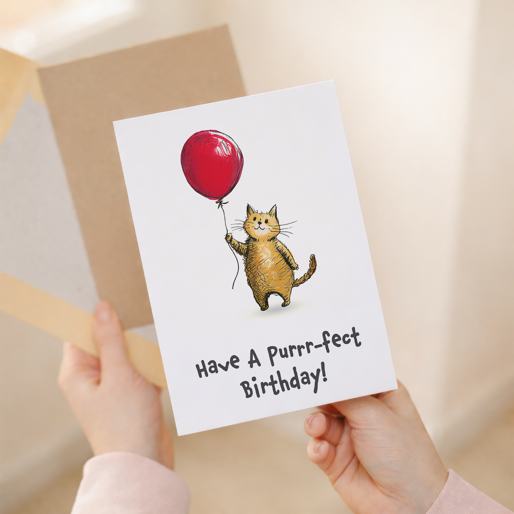 A cute ginger cat illustration on a children's birthday greeting card.