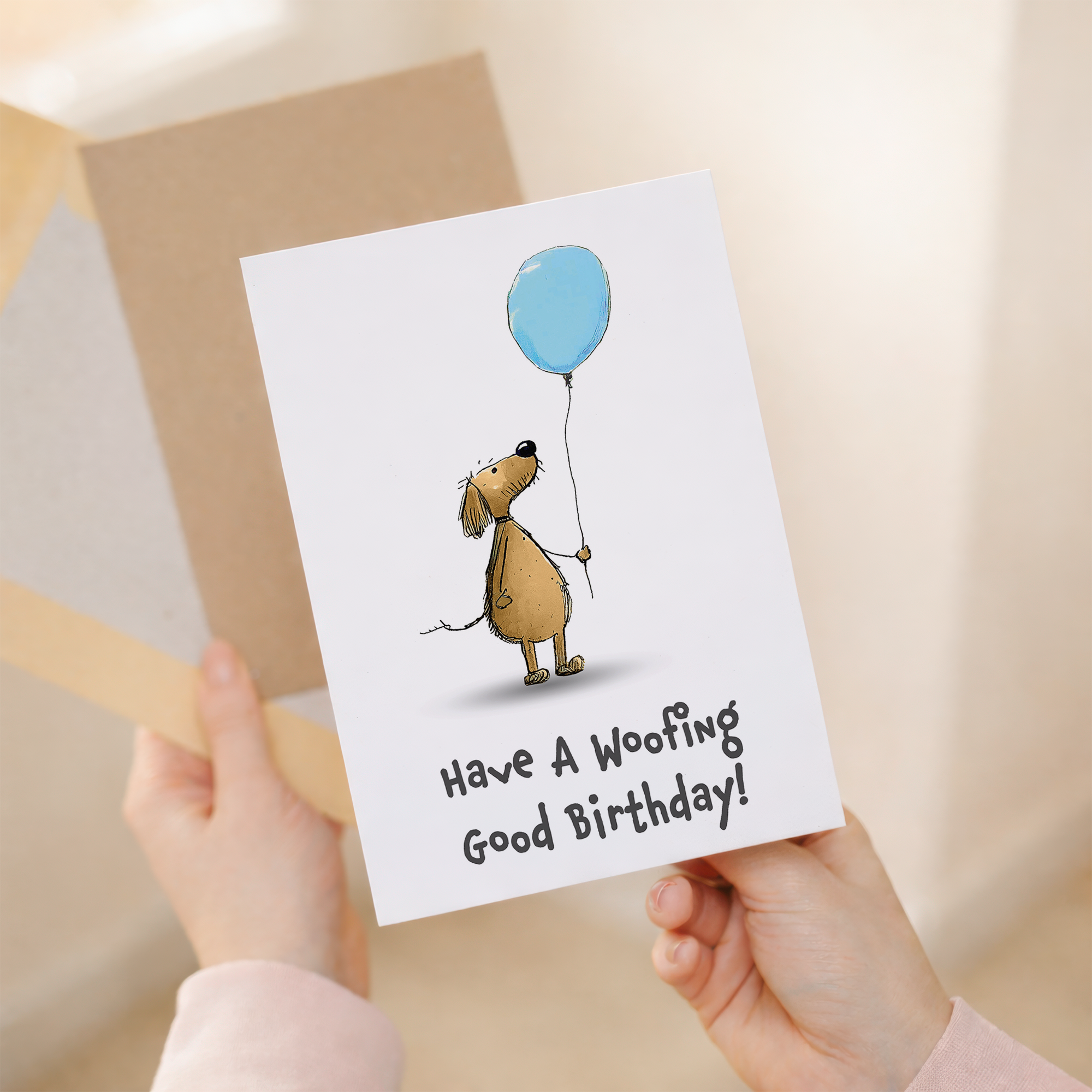 A portrait-oriented birthday card featuring a cute, illustrated brown dog with floppy ears wearing a colorful, polka-dotted party hat. The playful text reads Woofing Good Fun above the dog and Have a Pawsome Birthday below it, set against a clean white background.
