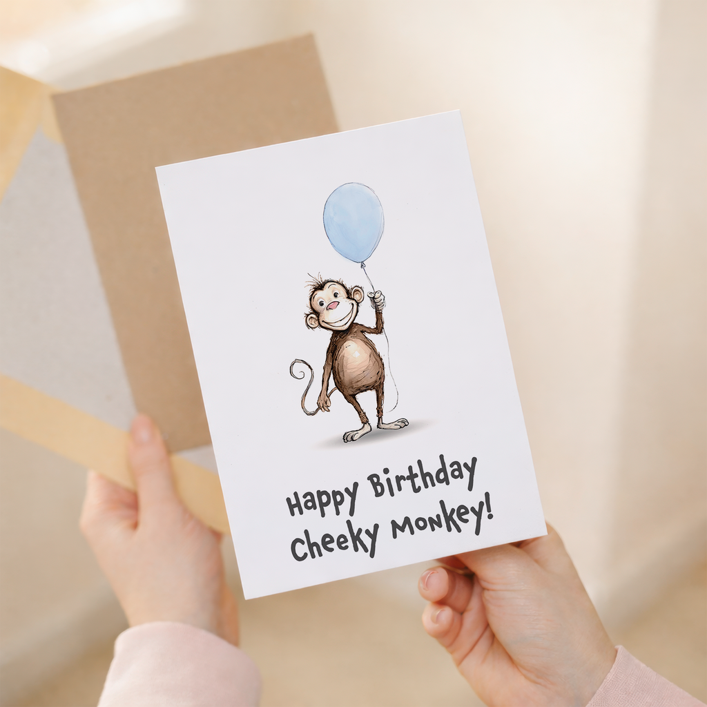 Cute monkey birthday card for children featuring an illustration of a cheeky brown monkey and a colorful party hat.