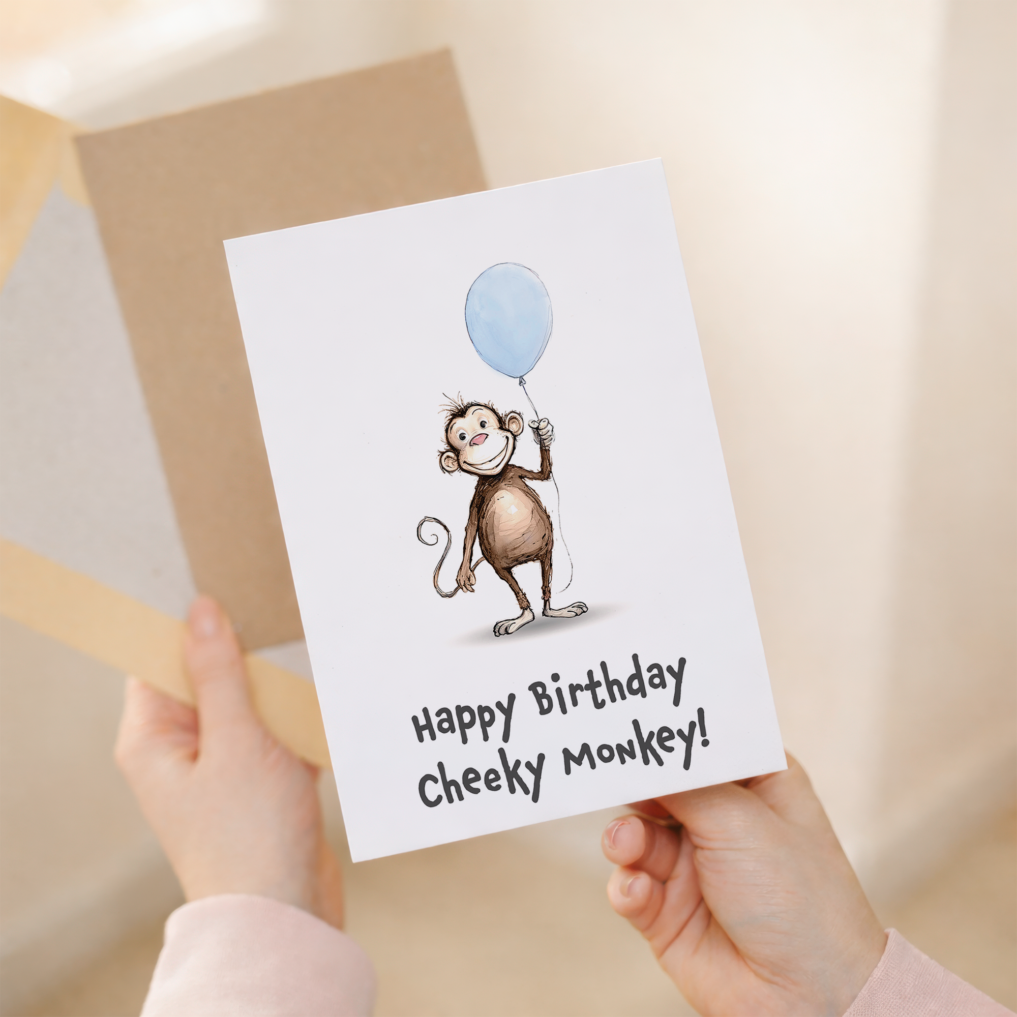 Cute monkey birthday card for children featuring an illustration of a cheeky brown monkey and a colorful party hat.