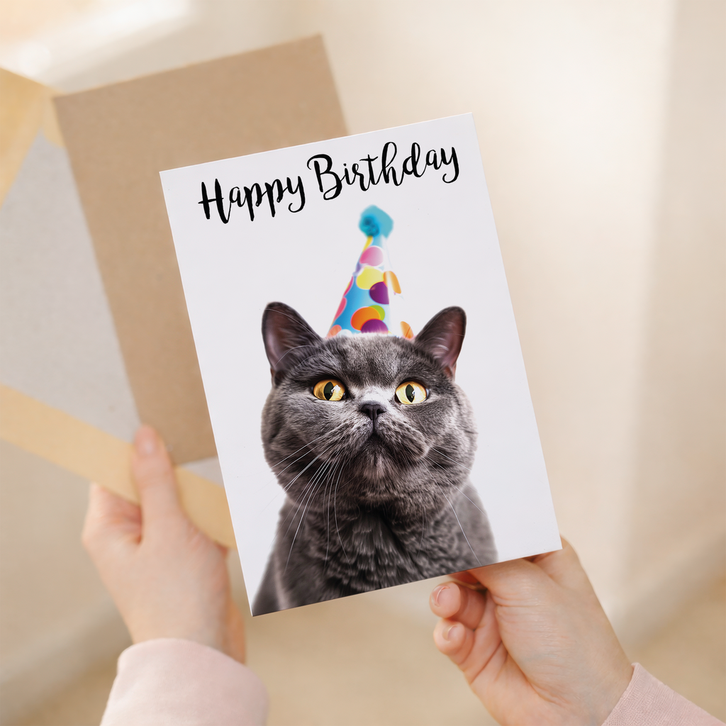 Adorable British Shorthair Cat Birthday Card for Friend Son Daughter Him or Her, Eco-Friendly Material