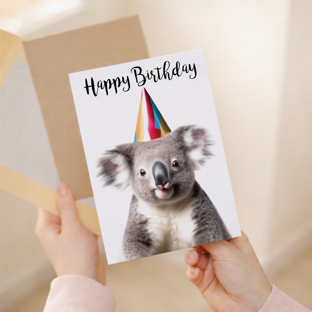 Adorable Koala Birthday Card with Colorful Balloons, Eco-Friendly Material, For Him or Her