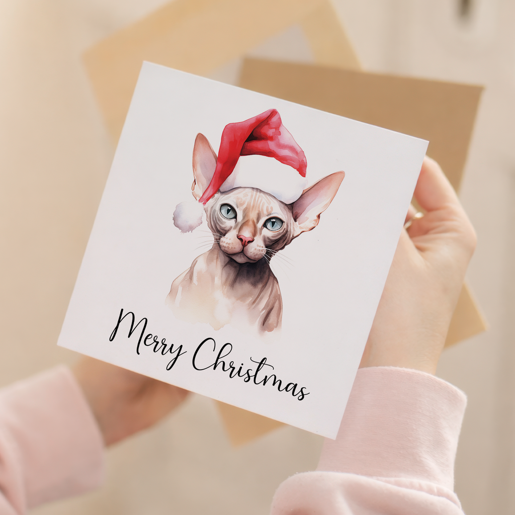 Fun Christmas Card of a Sphynx Cat Wearing A Santa Hat Whimsical Watercolour Christmas Card For Animal Lover For Him or Her
