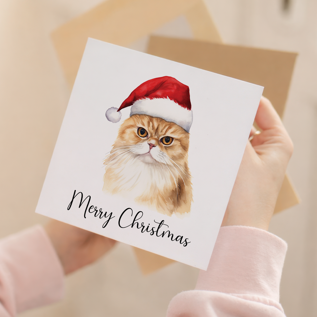 Fun Christmas Card of a Scotish Fold Wearing A Santa Hat Whimsical Watercolour Christmas Card For Animal Lover For Him or Her