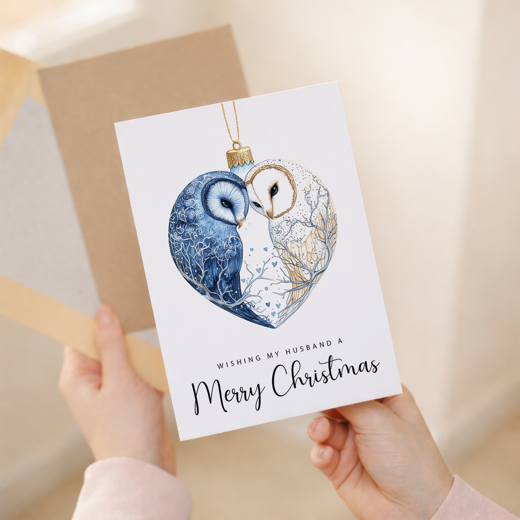 Christmas Card For Husband Owl Bauble Love Heart Illustration Romantic Christmas Card